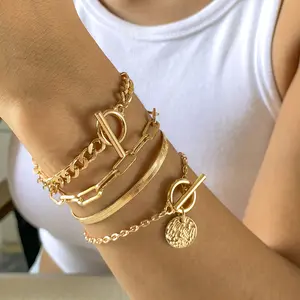 [Exquisite Bracelet] Hollow chain bracelet niche all-match punk hip-hop trend flat snake bone chain hand jewelry four-piece set
