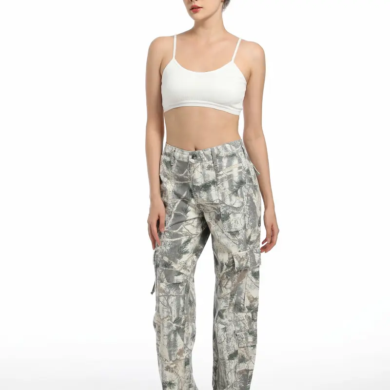 PinkyMoor Women's Vintage Low-Rise 100% Cotton Camo Denim Cargo Shorts - Loose-Fit, Wide-Leg, 6-Pocket Carry, Button Closure, Resists Wear, Holds Shape, Preppy Casual Streetwear for Easter, Thanksgiving