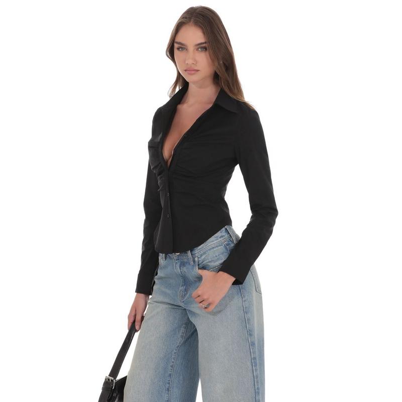Ruched Button-Up Shirt in Black