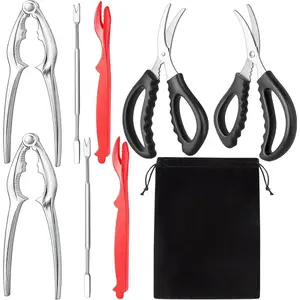 Stainless Steel Seafood Cracker Tool Set with Lobster Sheller, Crab Crackers, Crab Leg Fork, Seafood Scissors, Storage Bag Crab Eating Utensils Set 9Pcs