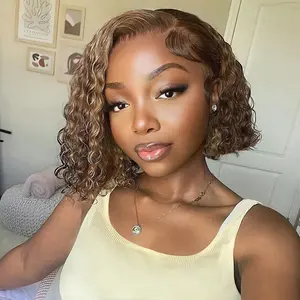 OQ HAIR Ombre Highlight Kinky Curly Bob Wigs 7x5 Pre Cut Lace Front Wigs Glueless Human Hair Wear Go Wigs 4/27 Honey Blonde Highlight Wigs Pre Colored for Beginner Friendly