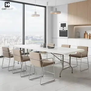 CAPHAUS 96.1 In Folding Table, Utility Craft Table w/ Carrying Handle, Heavy Duty Portable Fold Up Table, Outdoor and Indoor, Rectangle Plastic Table for Camping, Picnic, Office, Home, White