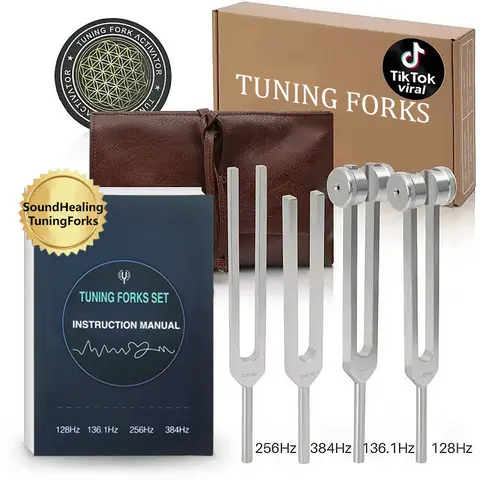 Resonance Sound Healing Tuning Fork Set – 384Hz, 256Hz, 136.1Hz, 128Hz, Vegan Leather Pouch, Activator, Sturdy Lightweight, Comfortable Grip, Easy Hold, Bone Conduction, Sound Healing, Stress Relief, Chakra Balance, Yoga, meditation