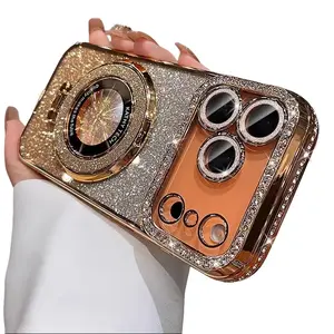 Water Diamond Glitter Magnetic Stand iP17PROMAX Phone Case Glitter Diamond with Lens Film Women's Personality 16 Shockproof 15/14/13/12/11 Full Coverage Smartphone Protective Cover