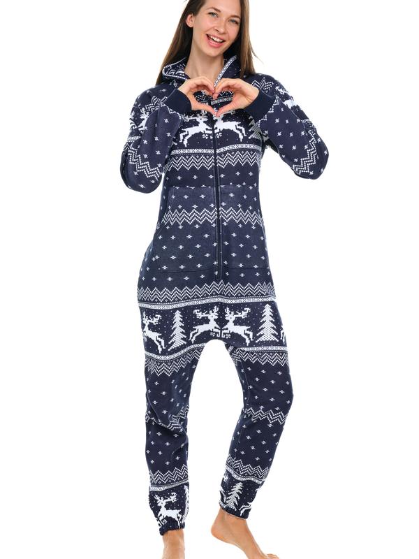 SKYLINEWEARS Women's  Xmas Adult Onesie Hooded Jumpsuit with Kangaroo Pockets & Zipper Pockets Machine Washable Pajama Playsuit
