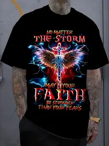 Plus Size Men's Faith Style Short Sleeved T-shirt, Pure Cotton Regular Style Eagle and Cross Pattern Text Printed Casual Top, Daily Wear Clothing - Pure Cotton Regular Style Short Sleeved Shirt, Breathable and Comfortable in All Seasons, Machine