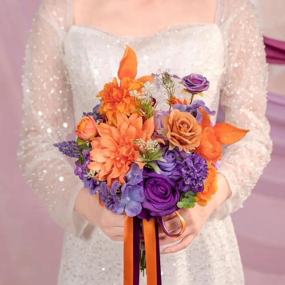 TINGE TIME Mixed Colors Burnt Orange-Purple Foam Rose Artificial Flowers with Flexible Stems & Decorative Box, Multiple Pieces DIY Wedding Table Centerpieces, Home Decor Supplies