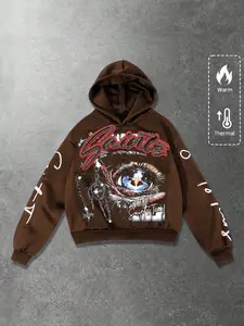 Men's Hooded Sweatshirt with Eye Element Print, Stylish Streetwear for Fall & Winter, English Graphic Design for Daily Wear, Casual Print Hoodie