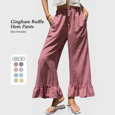 【SS26 Collection】TARSE Women’s Gingham Plaid Ruffle Palazzo Pants Flared Leg Baggy Drawstring Wide Leg Pants with Pockets Beach Travel Vacation Boho Bottoms