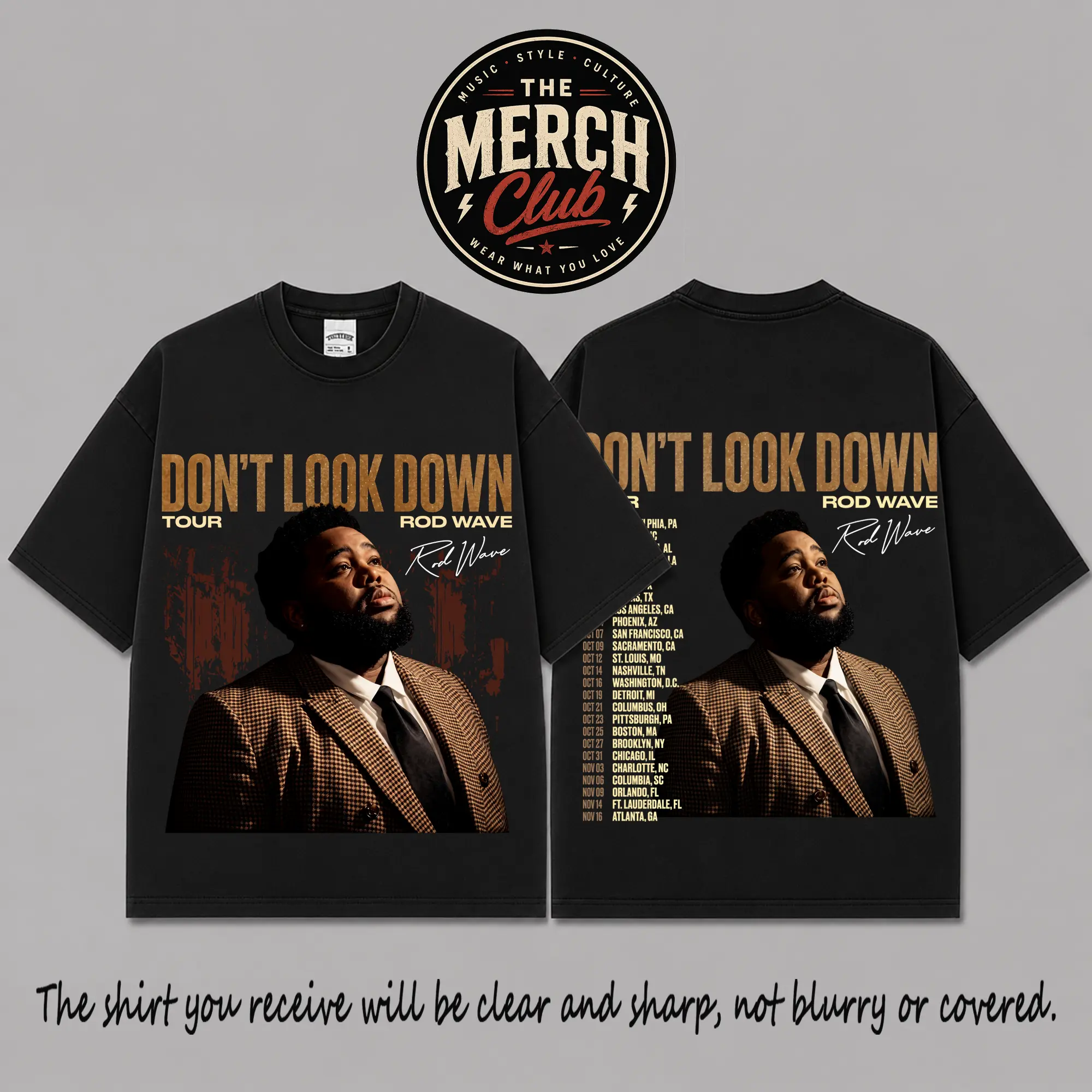 Rod Wave Don’t Look Down Tour Dates Premium Cotton T-Shirt, Vintage Soul Trap Music Graphic Tee, Brown Suit Hip-Hop Concert Shirt, Rap Tour Merch Fan Tee, Oversized Black Streetwear Outfit, Gift for Rod Wave Fans