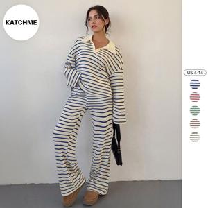 KatchMe Women's Casual Color Matching Striped Long Sleeve Top & Wide Leg Trousers Co-ord, Soft V-Neck Loose Two Piece Sets, Breathable Anti-Pilling Womenswear
