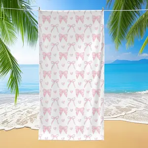 Large-size bath towel with pink bow and heart print, quick-drying absorbent towel for seaside vacations, portable travel beach towel, sand-proof large travel shawl, suitable for sports, swimming, pool activities and yoga beach towels