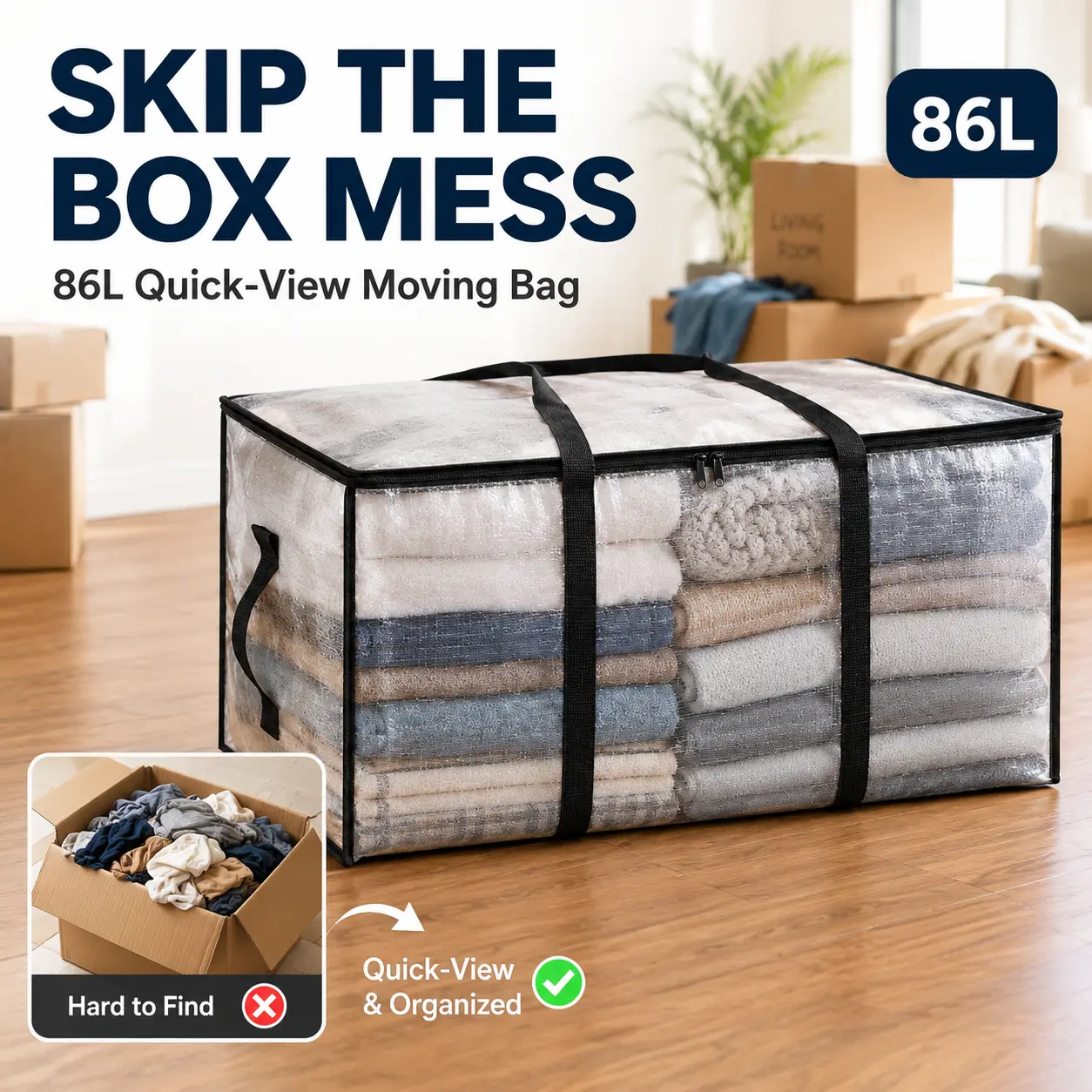 86L Transparent Moving Storage Bags with Backpack Straps - Heavy-Duty Zippered Organizer Totes for Classic Beauty Supplies, Garage Home Organization (Elevator-Friendly for Engagement Prep)