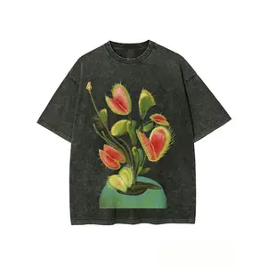 A Women'S Trendy Graphic Printed Washed T-Shirt - 230G Thick, Featuring a Vintage Street Style with a Round Neck And Short Sleeves, Machine Washable, Perfect for Casual Wear in Spring And Summer