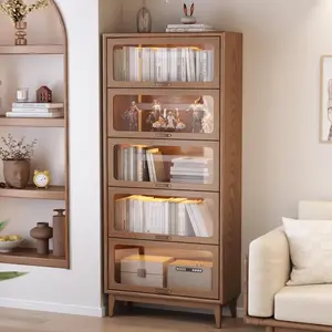 Solid Wood Bookcase Bookshelves with Tempered Cabinet Glass Doors, Brown Finish Cube Storage Organizer, Bookshelf Versatile Storage Pantry with for Kitchen Home, Office