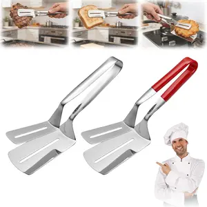 2PCS Mix Stainless Steel Grill Clamp Spatula, Multi-Functional Anti-Scald Extended Handle Spatula Tong, Barbecue Clamp Food with Non-Slip for Picking Up Food, Grilling Meat, Fish and Pancakes