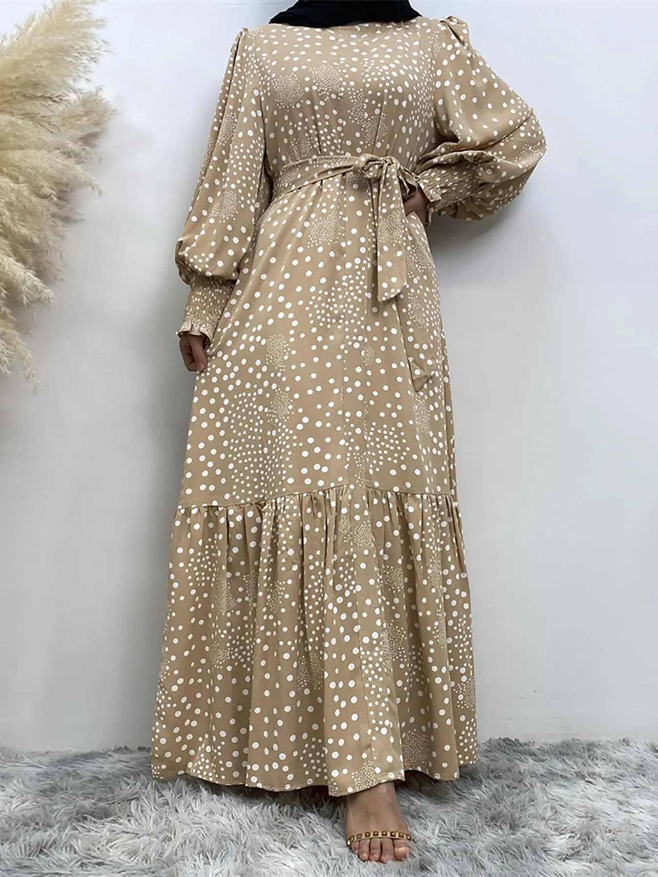 Women's Polka Dot Print Belted Shirred Ruffle Hem Arabian Dress, Modest Bishop Sleeve Frill Trim Maxi Dress for Daily Wear, Ladies Clothes for All Sea