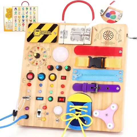 Grarain 23 in 1 Toddler Busy Board Montessori Toys for 1-3 Year Olds with 15 Switches 26 LED Lights Music Box Locks Zippers Sensory Playset for Infants