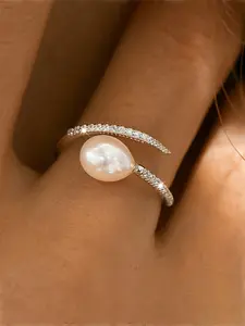 Elegant Vintage S925 Sterling Silver Freshwater Pearl Adjustable Ring, High-Quality Women's Jewelry Gift, Perfect for Special Occasions