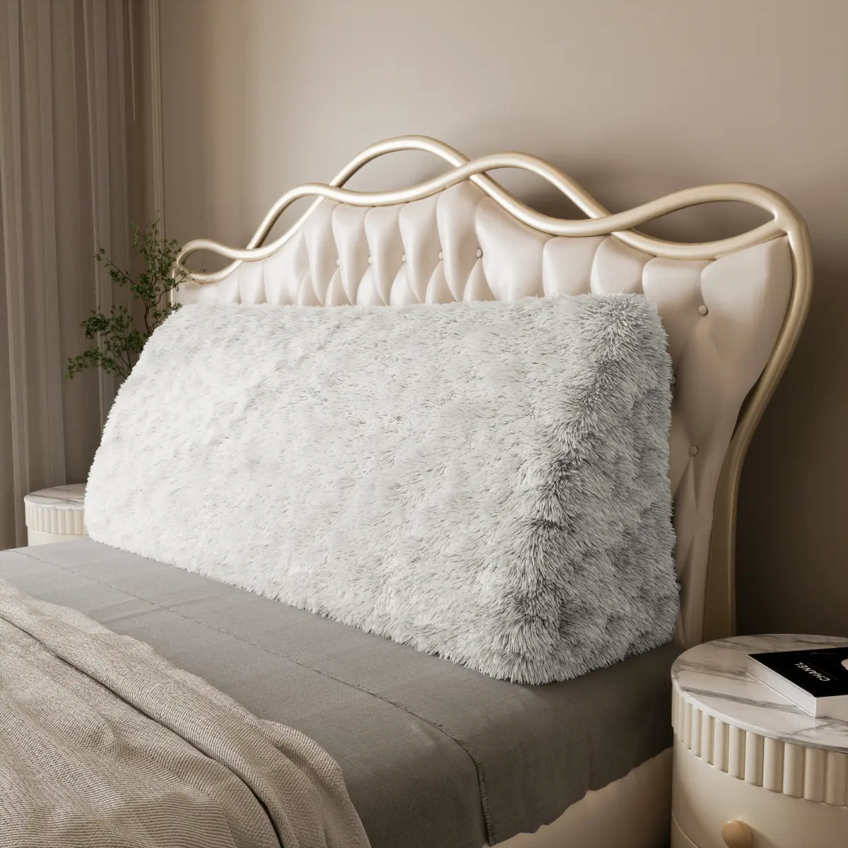 Fluffy Faux Fur Headboard Pillow, bolster,Large Triangular Wedge Bed Backrest Cushion, Ultra Soft Shaggy Fabric Support Pillow for Queen/King Size Beds, for Reading, Watching TV & Relaxing in Bed