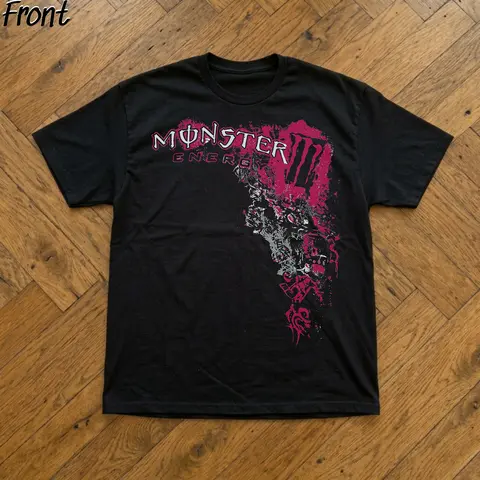 Women's Fitted 100% Cotton Lightweight Short-Sleeve Pink-Accent Monster Energy Printed Graphic Top - Tops for Women, 2000s Vintage Clothes, Streetwear Clothing, Vintage T Shirts, Shirts, Cold Wash