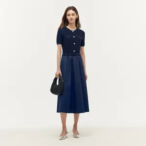 Denim Patchwork Sequins Gathered Waist Women Midi Dress