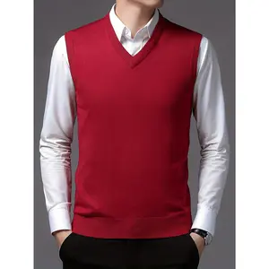 Men's Classic Red V-Neck Knit Sweater Vest - Wool Blend, Ribbed Detail, Sleeveless, Casual Business Style for Fall/Winter, Machine Washable, Sweaters Plus Size