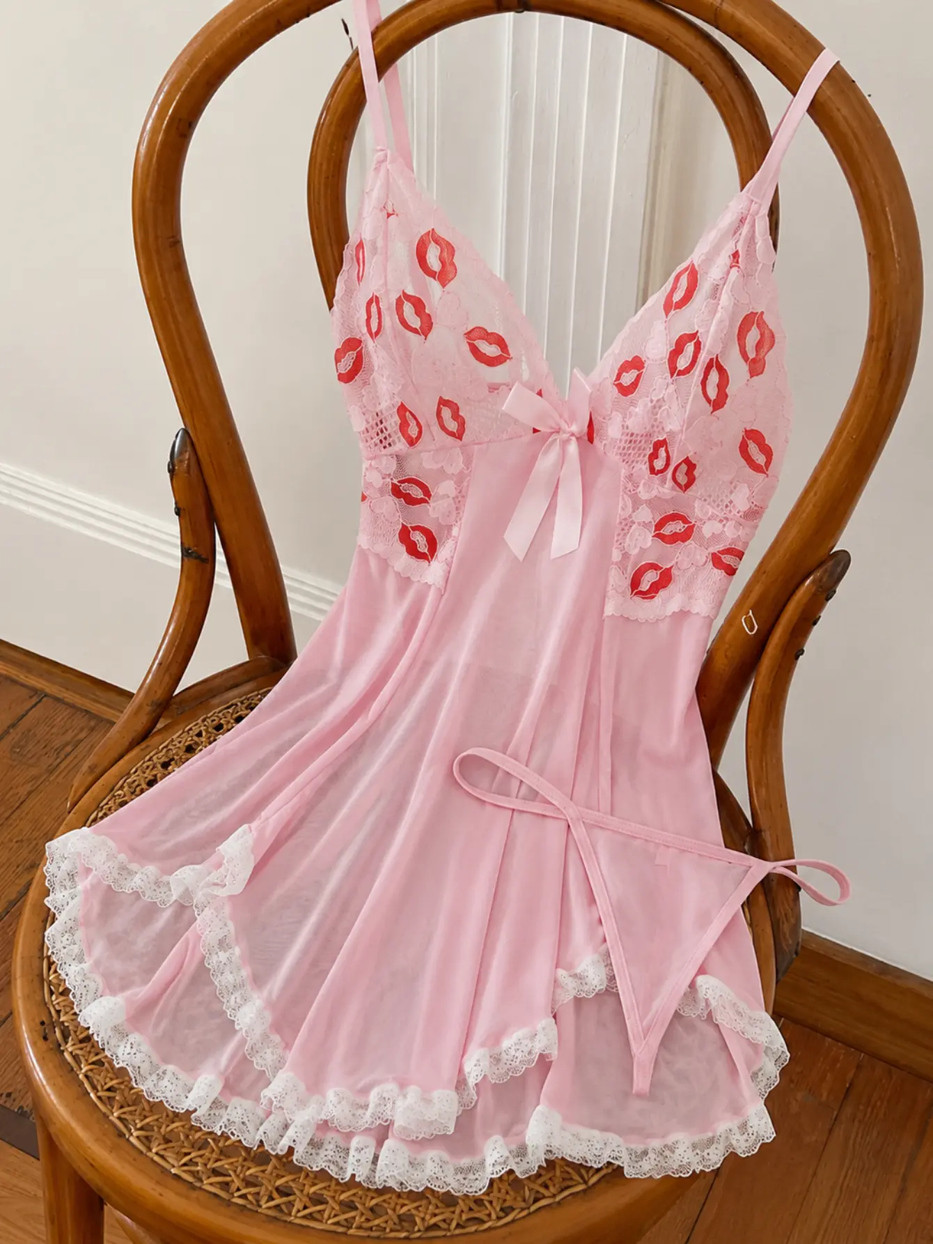 YIAII Women's Sleeveless Sexy Babydoll Lingerie Dress - Lace Lip Print Airy Mesh Transparent Body Nightdress with Thong, Cute Bow Accent, Glam Style, Lightweight Nylon Classic Swing Sleepwear for Valentine's Day