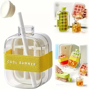 Ice Cube Bottle, 2-in-1 Touch-Free Ice Cube Water Bottle with Lid and Bin, Easy Press to Release Vertical Ice Cube Tray for Freezer
