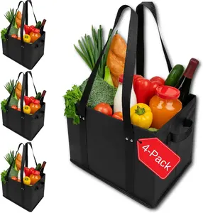 4pk  Grocery Bags Shopping Bags Tote Box Large Heavy Duty Groceries Bag Handles Foldable Reinforced Bottom (Black)