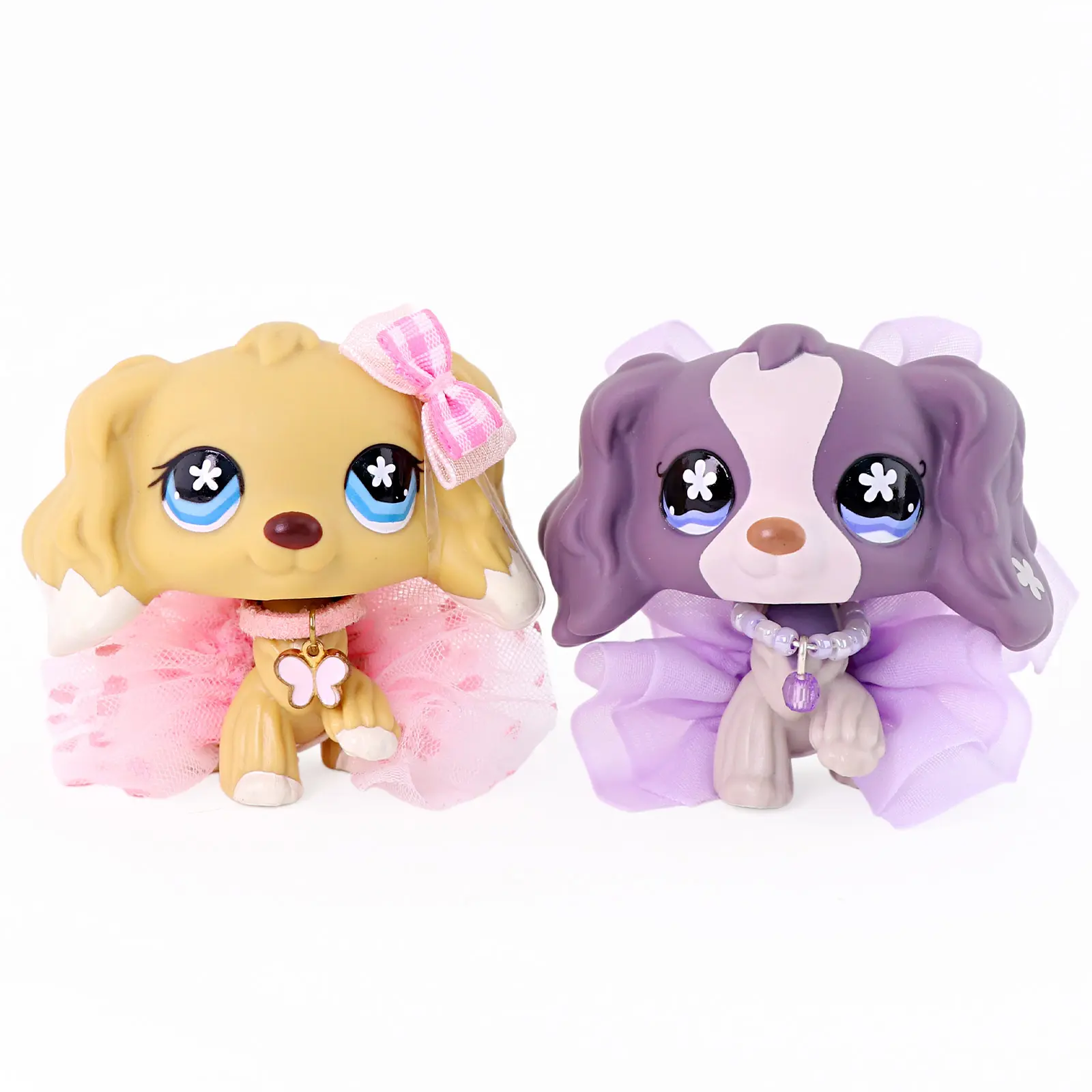 2 Pcs Cute Spaniel Puppy Collectible Figures Set, Mini Dog Toy Figurines with Ballet Tutu Skirt Bow Necklace Accessories, Hand Painted Tiny Animal Statues, Cake Topper Dollhouse Decor Gift for Kids Girls Boys 4+