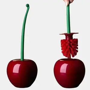 Red Lovely Cherry Lavatory Toilet Brush Holder Set - 1Pc, Thick Head, Anti-Slip Return Handle, 38x13 cm, Wine Red/Orange, 200g