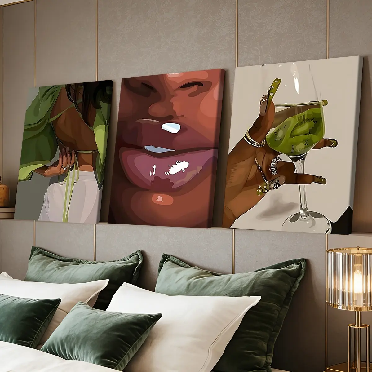 3 Counts Wooden Framed Canvas Painting, Fashion Green Aesthetic Woman Art Images, Abstract Face Design, Exquisite Poster, Perfect Living Room Decoration, Modern Art, Fashion Family Poster, Wall Art Decoration, Modern Home Decor, Waterproof Art