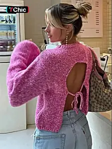 Women's Cut Out Backless Lantern Sleeve Sweater, Fashion Casual Drop Shoulder Tie Back Jumper for Daily Outdoor Wear, Ladies Knit Top for Spring & Fall