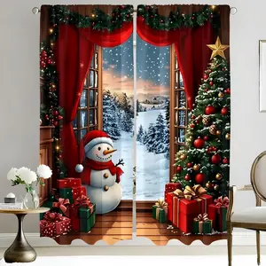 Christmas Decoration Theme Polyester Material, HD Digital Print Filtering Curtains, Window Curtain, Suitable for Bedroom Living Room Office Home Decor