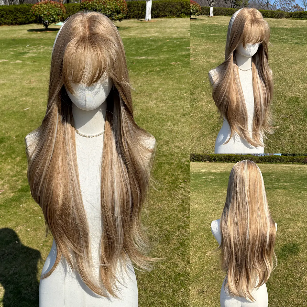 SMILCO 28" Honey Blonde Highlight Synthetic Wig Layer Cut With Bangs Glueless Natural Hairline SummerVibes SM606