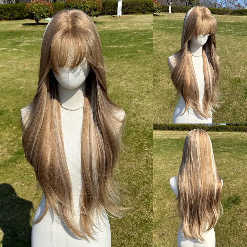SMILCO 28" Honey Blonde Highlight Synthetic Wig Layer Cut With Bangs Glueless Natural Hairline SummerVibes SM606