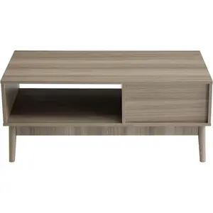 Mid-Century Modern Coffee Table with Storage Drawer & Open Shelf – 2-Tier Fluted Rectangular Side Table – Wooden Legs, Space-Saving Living Room Furniture – 39.4 Inches – Natural Wood Grain