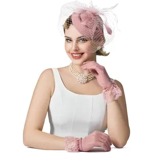 Fascinators Pillbox Hats for Women, Tea Hat and Short Lace Gloves Set Perfect for Kentucky Derby, Cocktail