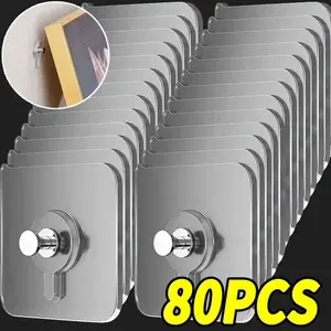 80 No Drill Wall Hooks, Waterproof Bathroom & Kitchen Hooks, Strong Adhesive Backing, Easy Removal, Ideal for Photos, Posters, Clocks, Towels, Keys