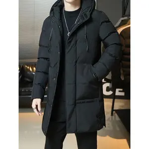 Men's Long Hooded Jacket - Warm, Thick Polyester with Large Pockets, Zip-Up Winter Coat for Casual Outfits, Black, Winter Outerwear | Spacious Pocket Design | Durable Winter Wear, Winter Clothes