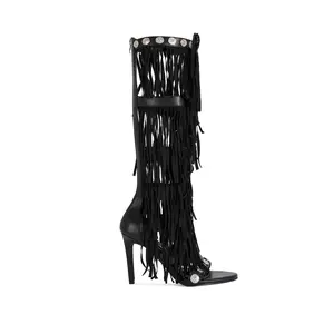 SAMEYA-BLACK FRINGE GLADIATOR SANDAL BOOT