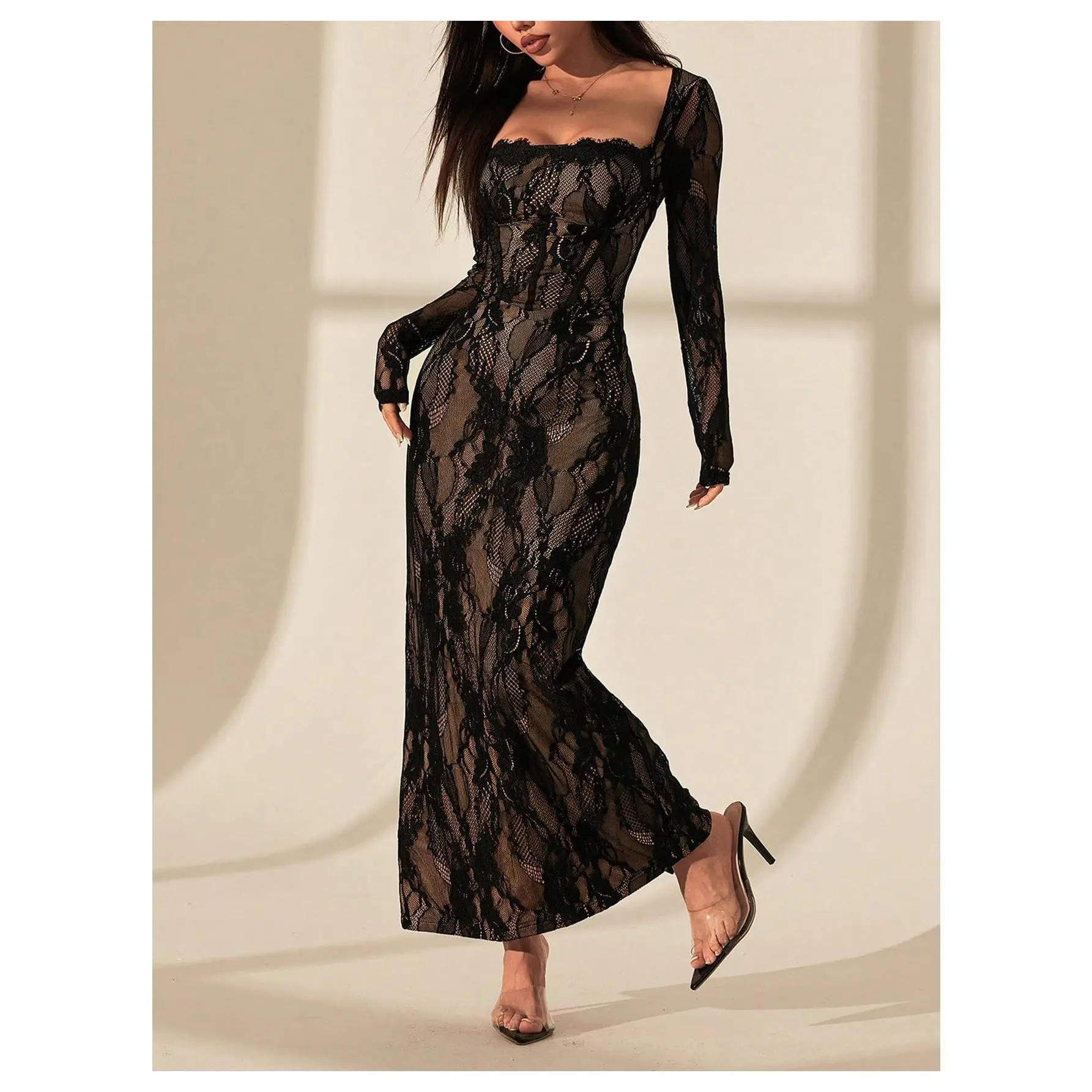 Women's Formal Maxi Dress in Stretchy Floral Lace, Long Sleeve Bodycon Gown with Fishtail Hem and Square Neck, Formal Wear, Fabric, Elegant, Evening, Fitted, Party Fit, Outfit Of The Night, Full Length