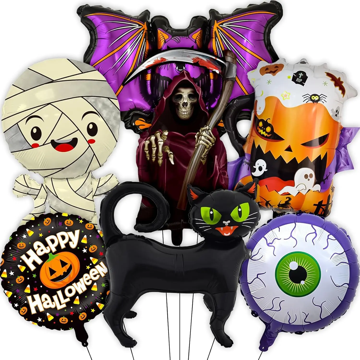 7 PCS Halloween Party Decorations, Bat Balloons Includes Reaper Mummy Cat Bat Eye Skeleton Balloons, for Halloween Birthday Party Decorations Festival Party Decoration Supplies