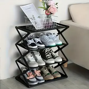 Four-Tier Foldable Shoe Rack Organizer, Footwear Organization, Space-Saving Storage Solution, Plastic Storage Box, X-Frame Vintage Style, No Assembly Needed, Ideal for Hallway, Closet, Kitchen