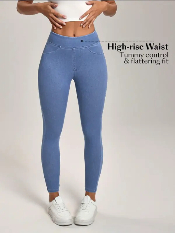 Women's High-Rise Tummy Control Stretchy Denim-Like Leggings - Slim-Fitting Skinny Bottoms, Basic Casual Biking Wear, Real Back Pockets