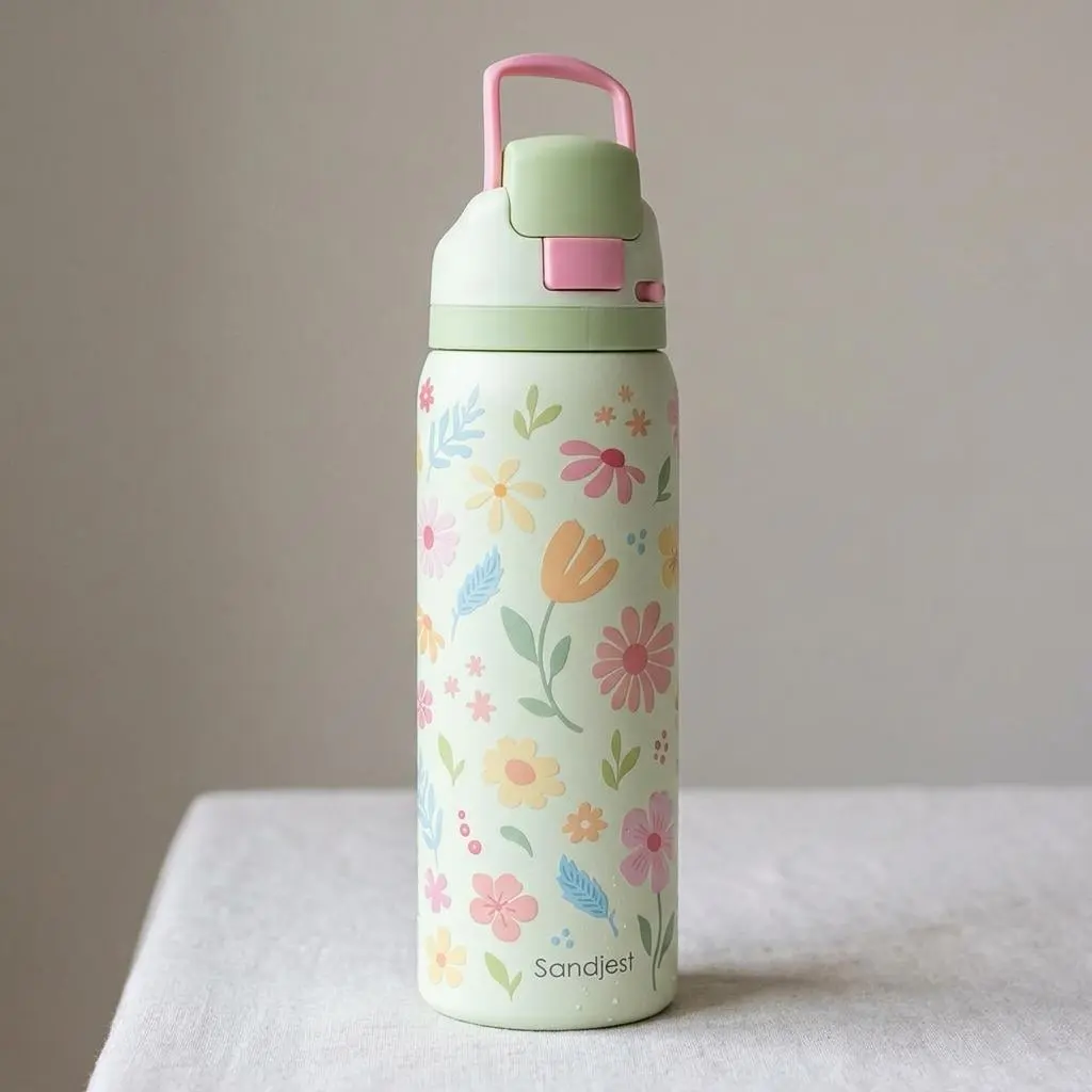 SANDJEST 32oz Stainless Steel Push-Button Lid Water Bottle, Leak-Proof Insulated Kitchenware Drinkware, Single Bottle for Summer Garden Sports Travel Hydration Gift for Her