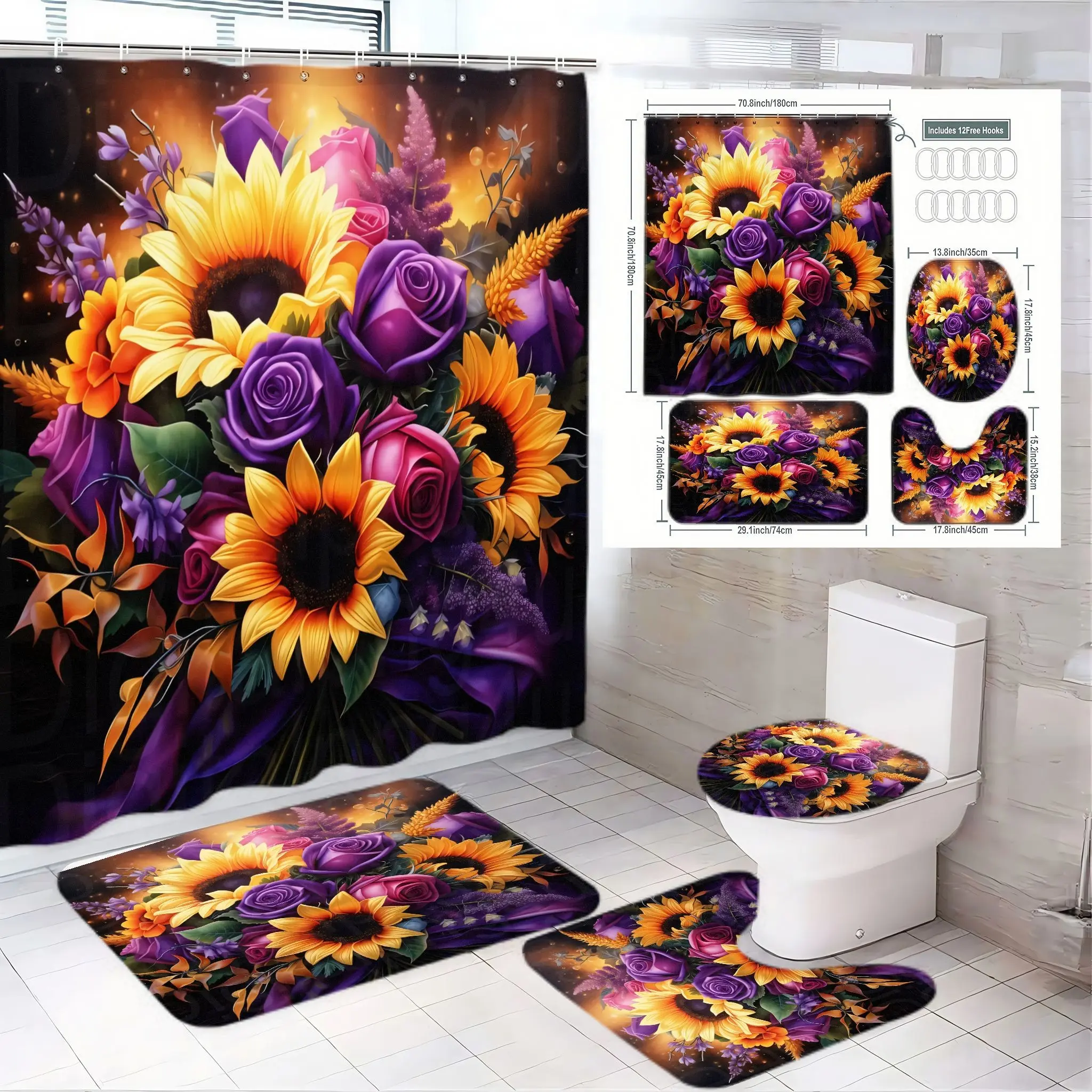 4pcs Vibrant Floral Bathroom Set with Sunflowers & Roses, Elegant Shower Curtain, Toilet Seat Cover, Matched Bath Mat, The floor mat fabric is thicker and softer! Ideal for Spring/summer, Botanical Shower Curtain