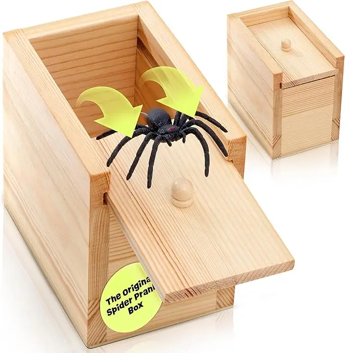Original Spider Prank Box - Wooden Jump Scare Gag Gift for Adults, April Fools & Halloween Pranks Kit, Funny Birthday Surprise Toy with Realistic Spid