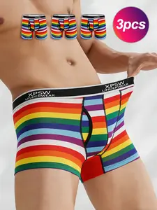 3-Pack Men's Rainbow Stripe Briefs, Fashion Pride Style, Breathable Soft Underwear, Loose-Fit, All-Season Street Wear